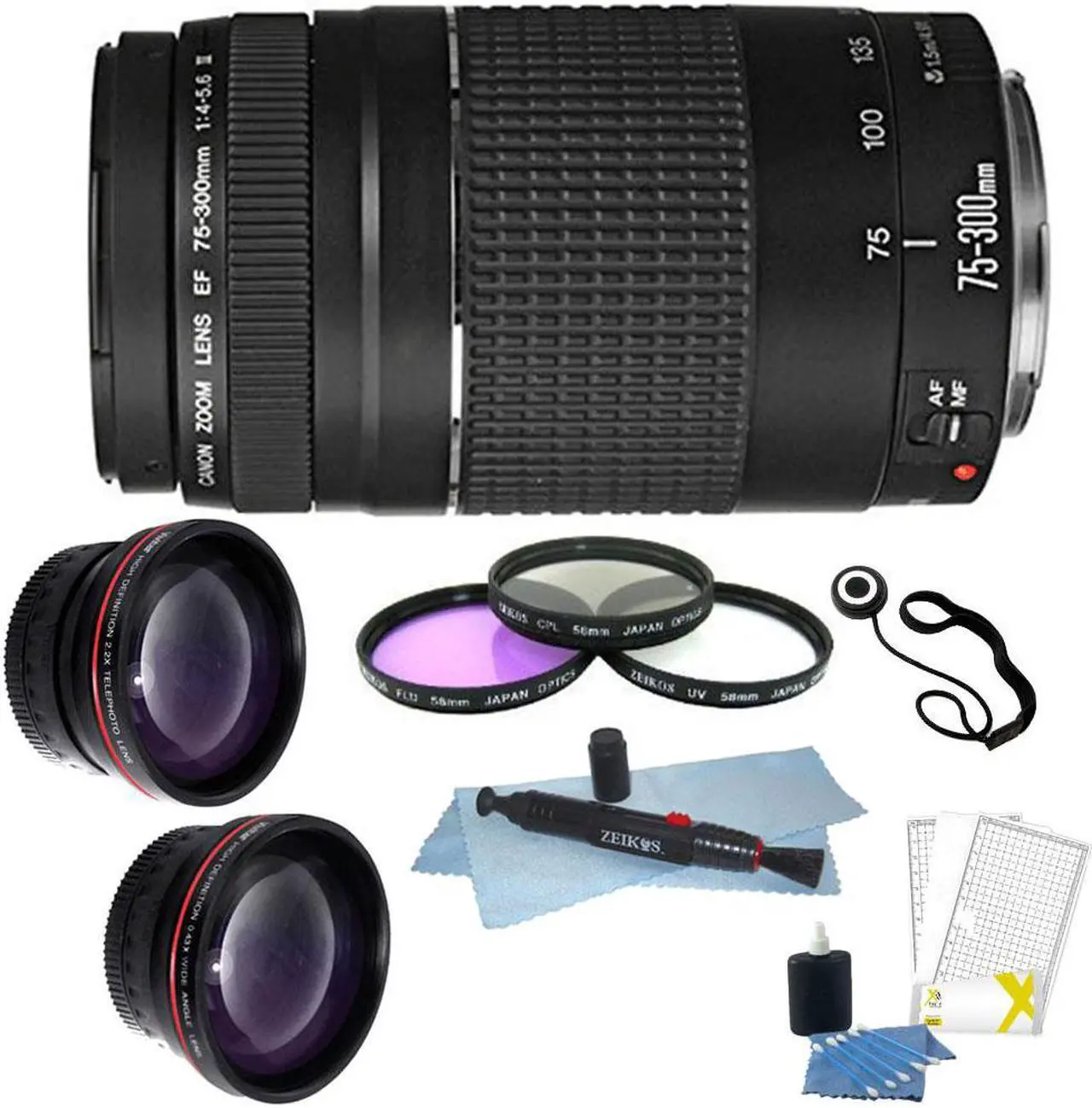 Main image of Canon 75-300mm Lens + 58mm Telephoto and Wide Angle Kens+Filter Kit+Lens Pen+CleaningKit+Lens Cap Holder