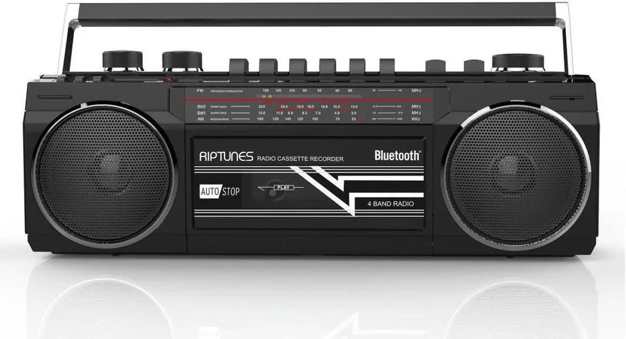 Alt view image 2 of 9 - riptunes cassette boombox, retro blueooth boombox, cassette player and recorder, am/fm/sw1sw2 radio4band radio, usb, sd, and aux in, black