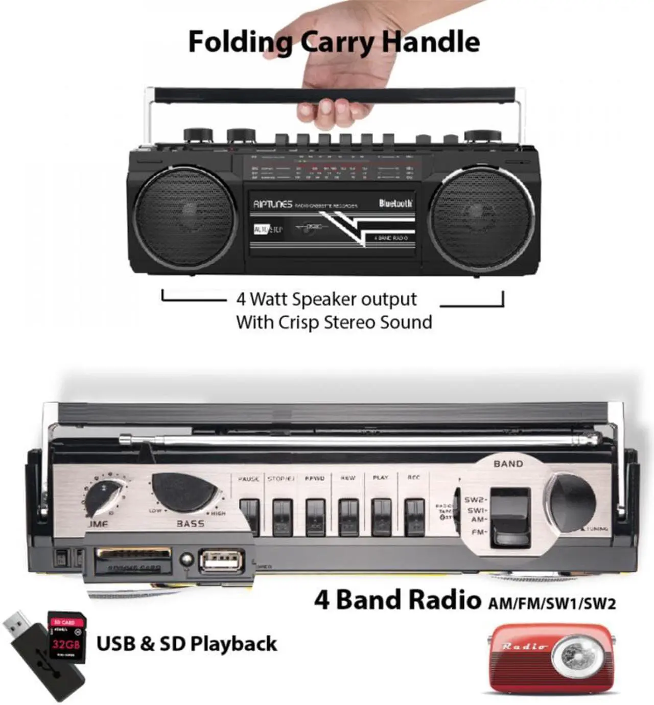 Alt view image 5 of 9 - riptunes cassette boombox, retro blueooth boombox, cassette player and recorder, am/fm/sw1sw2 radio4band radio, usb, sd, and aux in, black