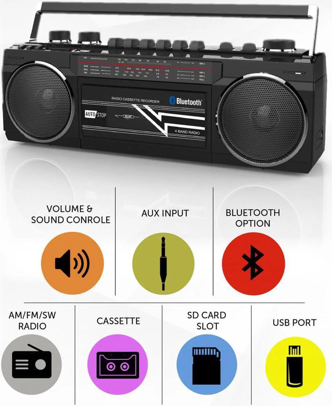 Alt view image 3 of 9 - riptunes cassette boombox, retro blueooth boombox, cassette player and recorder, am/fm/sw1sw2 radio4band radio, usb, sd, and aux in, black