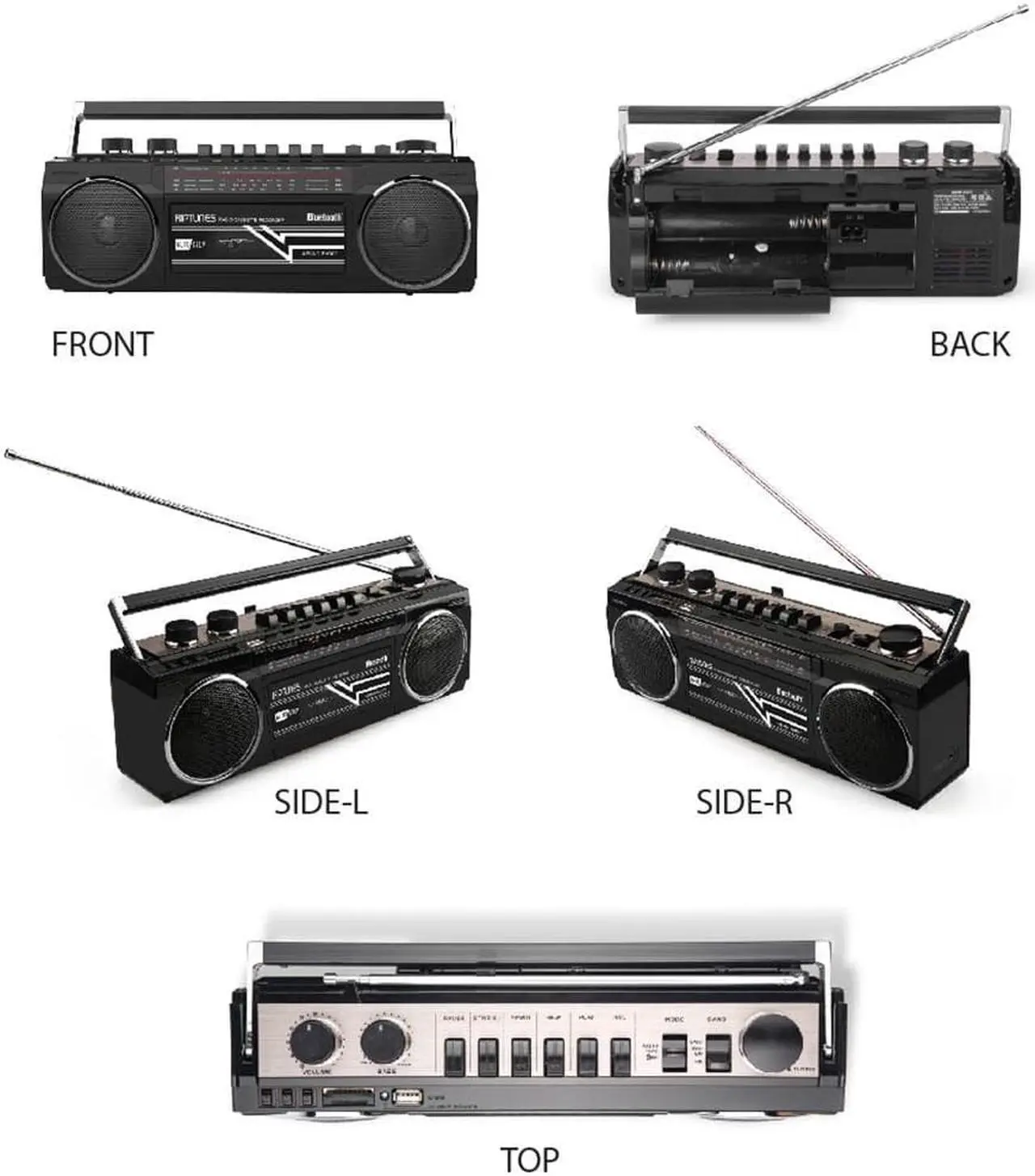 Alt view image 6 of 9 - riptunes cassette boombox, retro blueooth boombox, cassette player and recorder, am/fm/sw1sw2 radio4band radio, usb, sd, and aux in, black