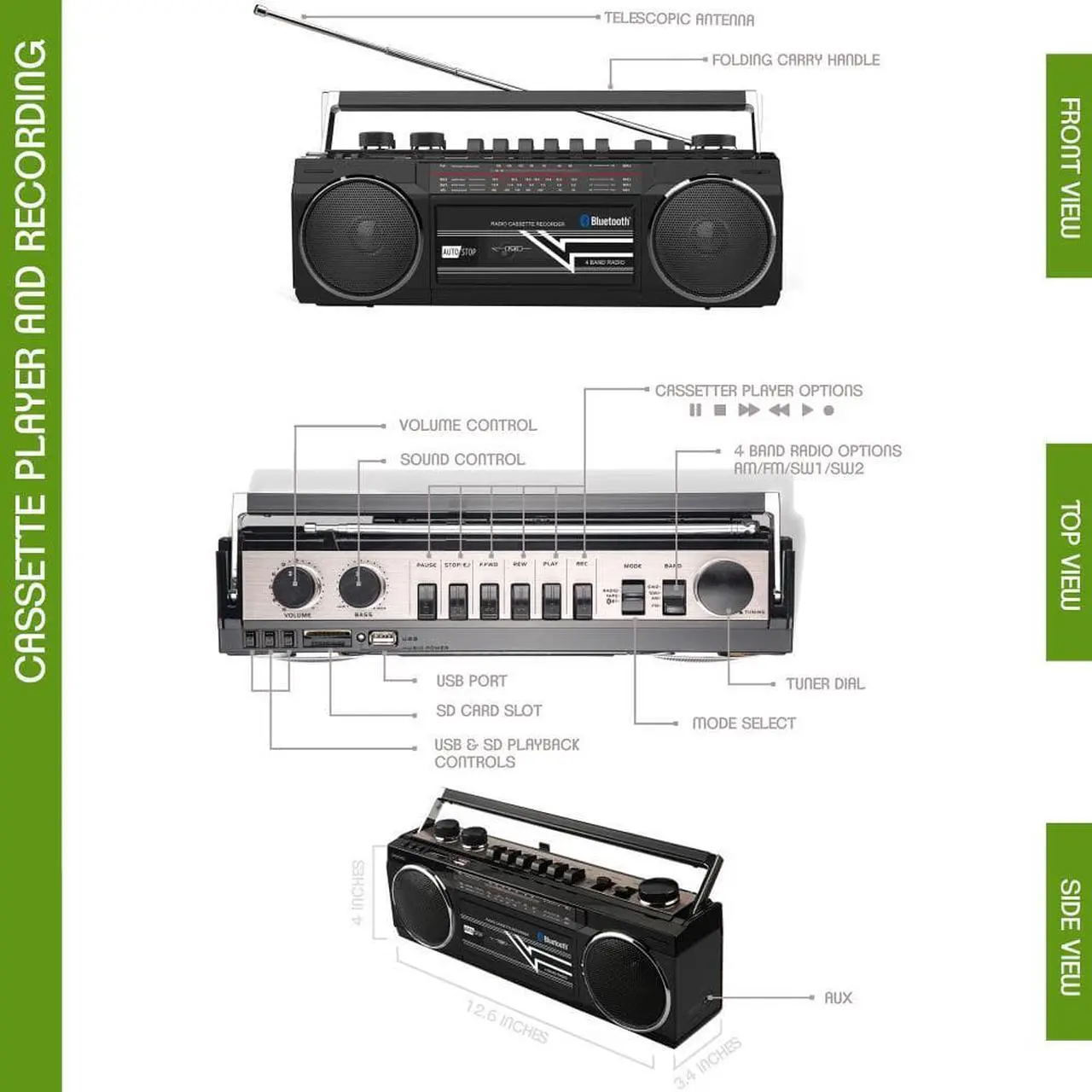 Alt view image 4 of 9 - riptunes cassette boombox, retro blueooth boombox, cassette player and recorder, am/fm/sw1sw2 radio4band radio, usb, sd, and aux in, black