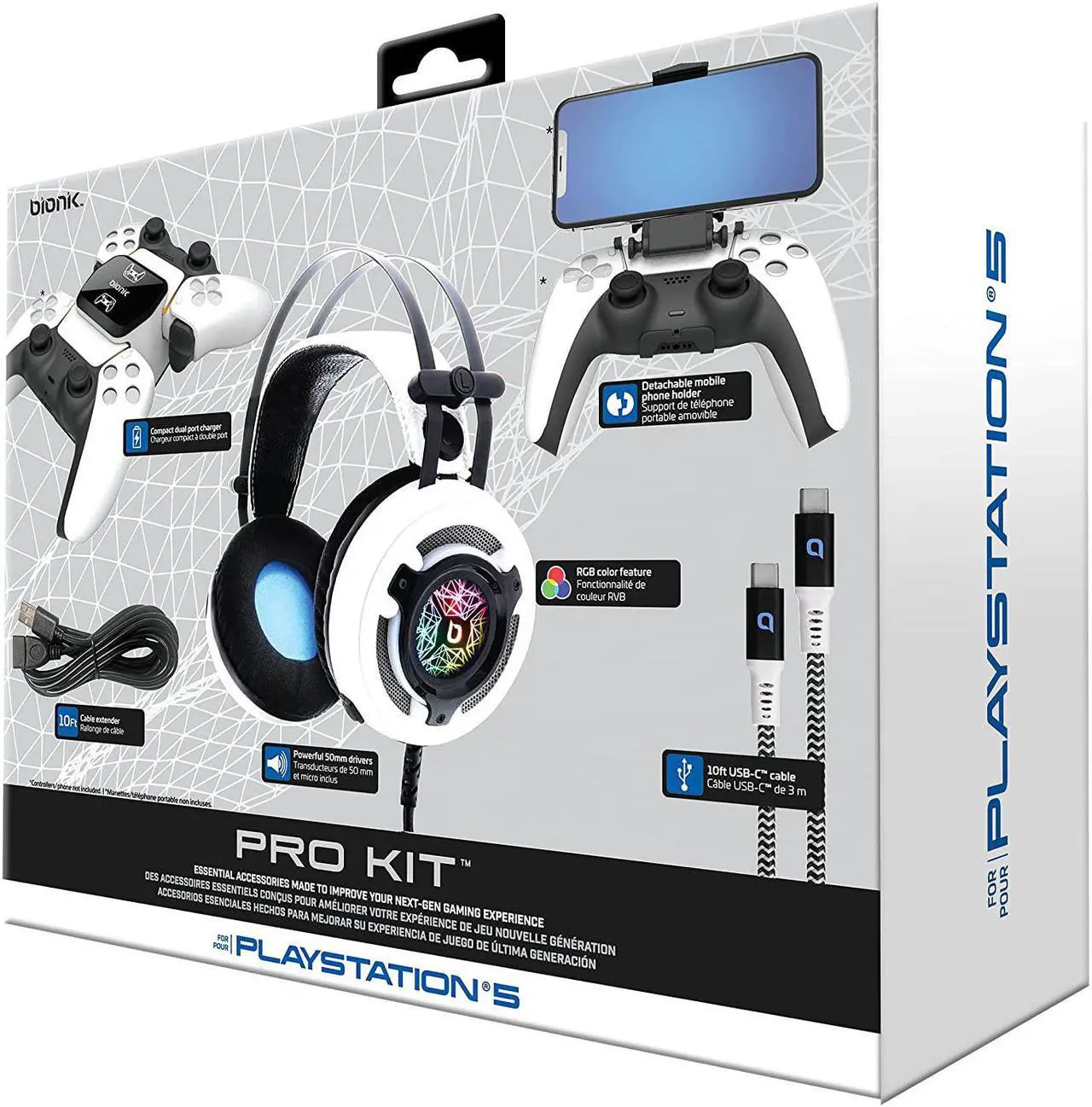 Alt view image 7 of 10 - Bionik Pro Kit For PlayStation 5: Powerful 50mm Gaming Headset with RGB Color, Controller Charge Base, Phone Holder, Lynx Cable & USB Cable