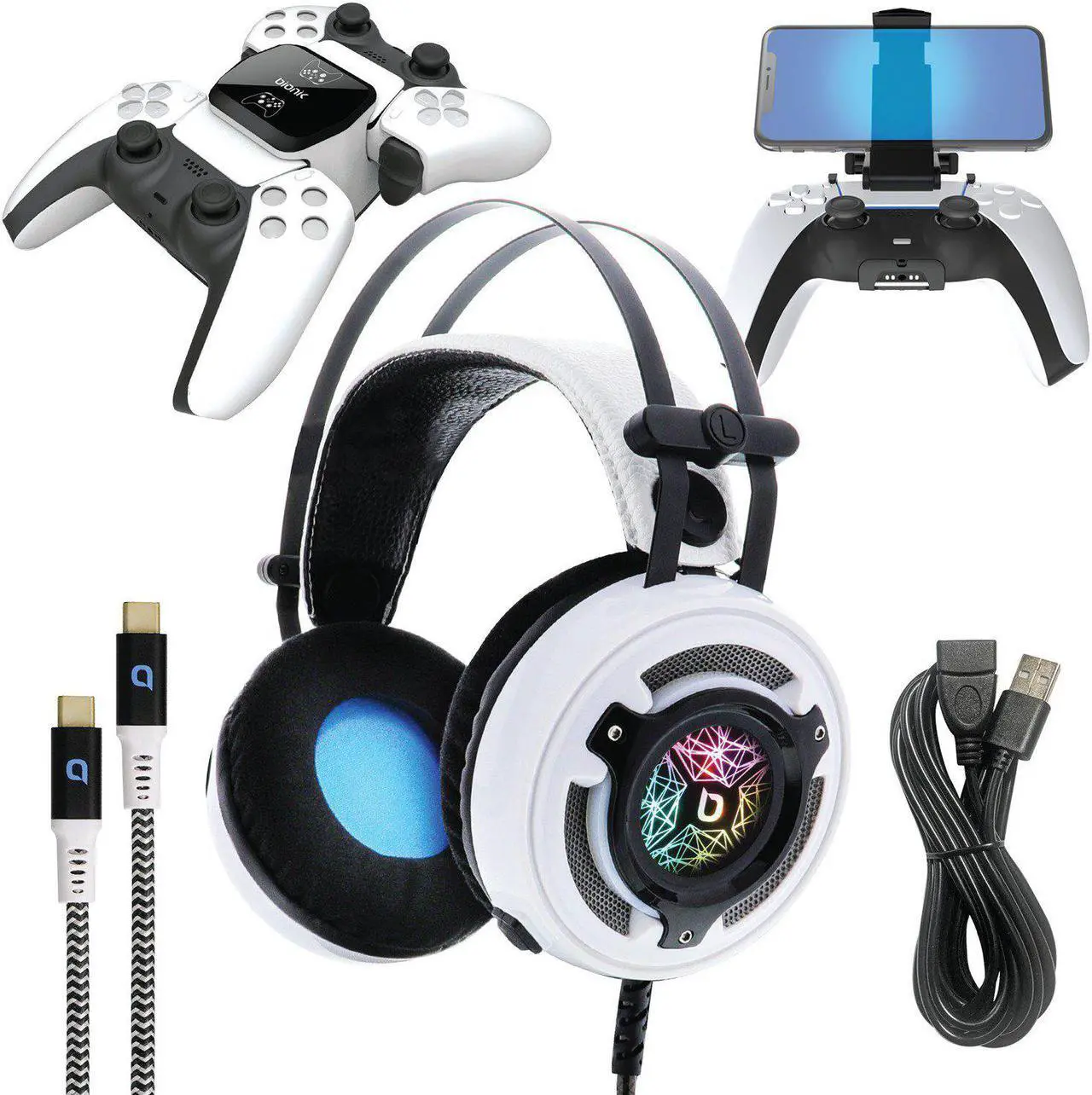 Main image of Bionik Pro Kit For PlayStation 5: Powerful 50mm Gaming Headset with RGB Color, Controller Charge Base, Phone Holder, Lynx Cable & USB Cable