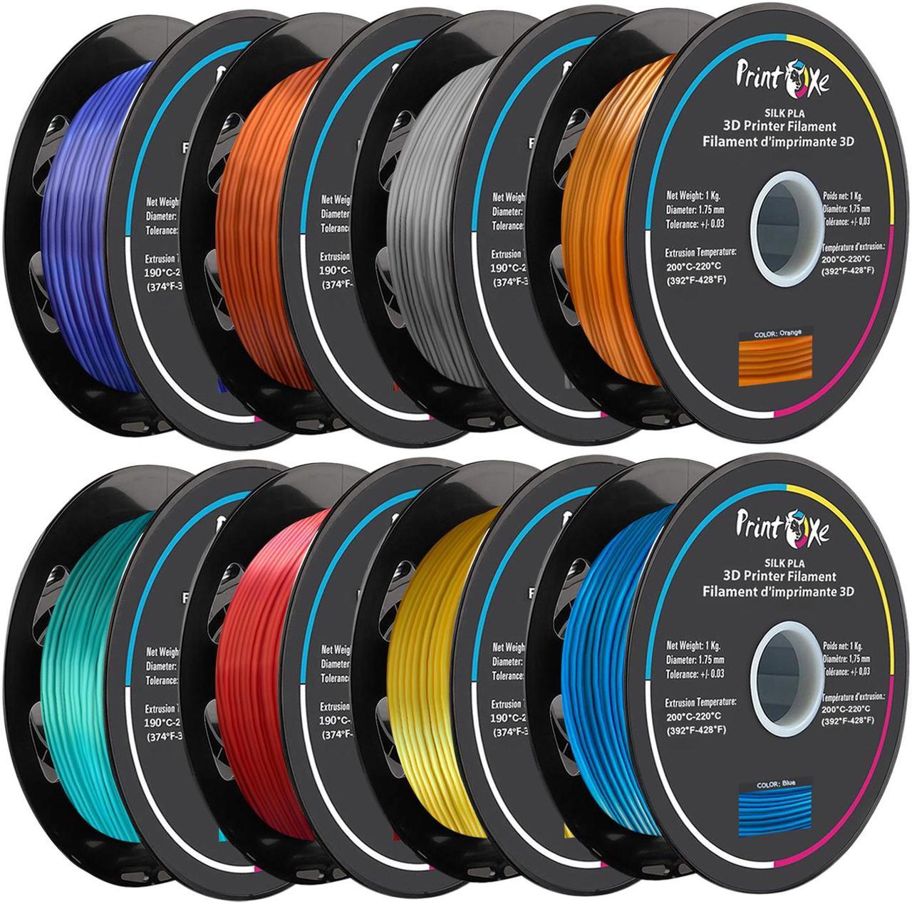 PrintOxe® 3D PLA like SILK Filament 8 Packs Green Red Yellow Blue Violet Copper Silver Orange Colours for 3D Printers 1.75 mm Diameter Each 1 Kg Net on Spool (2.2 LBs) Dimensional Accuracy +/- 0.03 mm