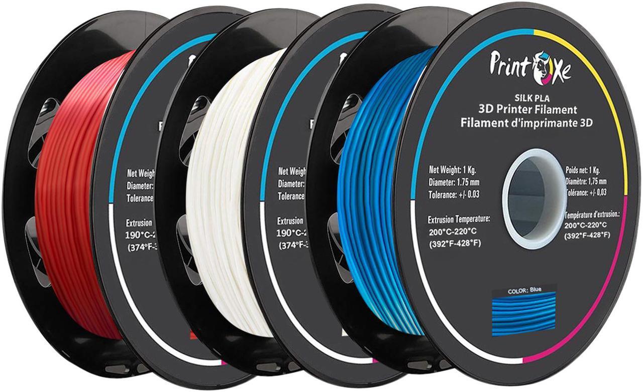 3D PLA like SILK Filament 3 Packs of Red / White / Blue Colours for 3D Printers 1.75 mm Diameter Each Weight 1 Kg Net on Spool (2.2 LBs) Dimensional Accuracy +/- 0.03 mm