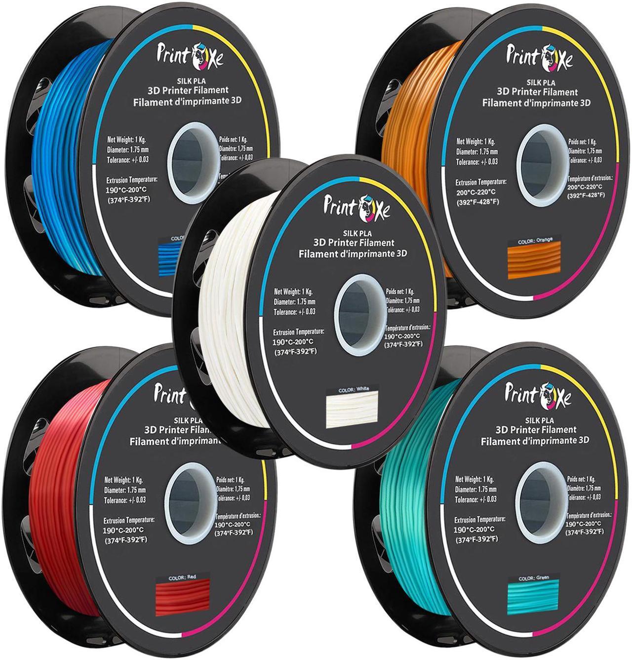 PrintOxe® 3D PLA like SILK Filament 5 Packs of Blue / Orange / White / Red / Green Colours for 3D Printers 1.75 mm Diameter Each Weight 1 Kg Net on Spool (2.2 LBs) Dimensional Accuracy +/- 0.03 mm