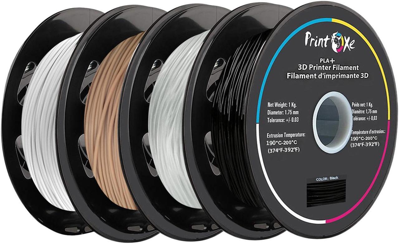 PrintOxe® 3D PLA+ / Pro PLA 4 Packs of White / Black / Translucent Clear / Wood Colours Filament for 3D Printers - 1.75 mm Diameter - 1 Kg Net on Spool (2.2 LBs) Dimensional Accuracy +/- 0.03 mm