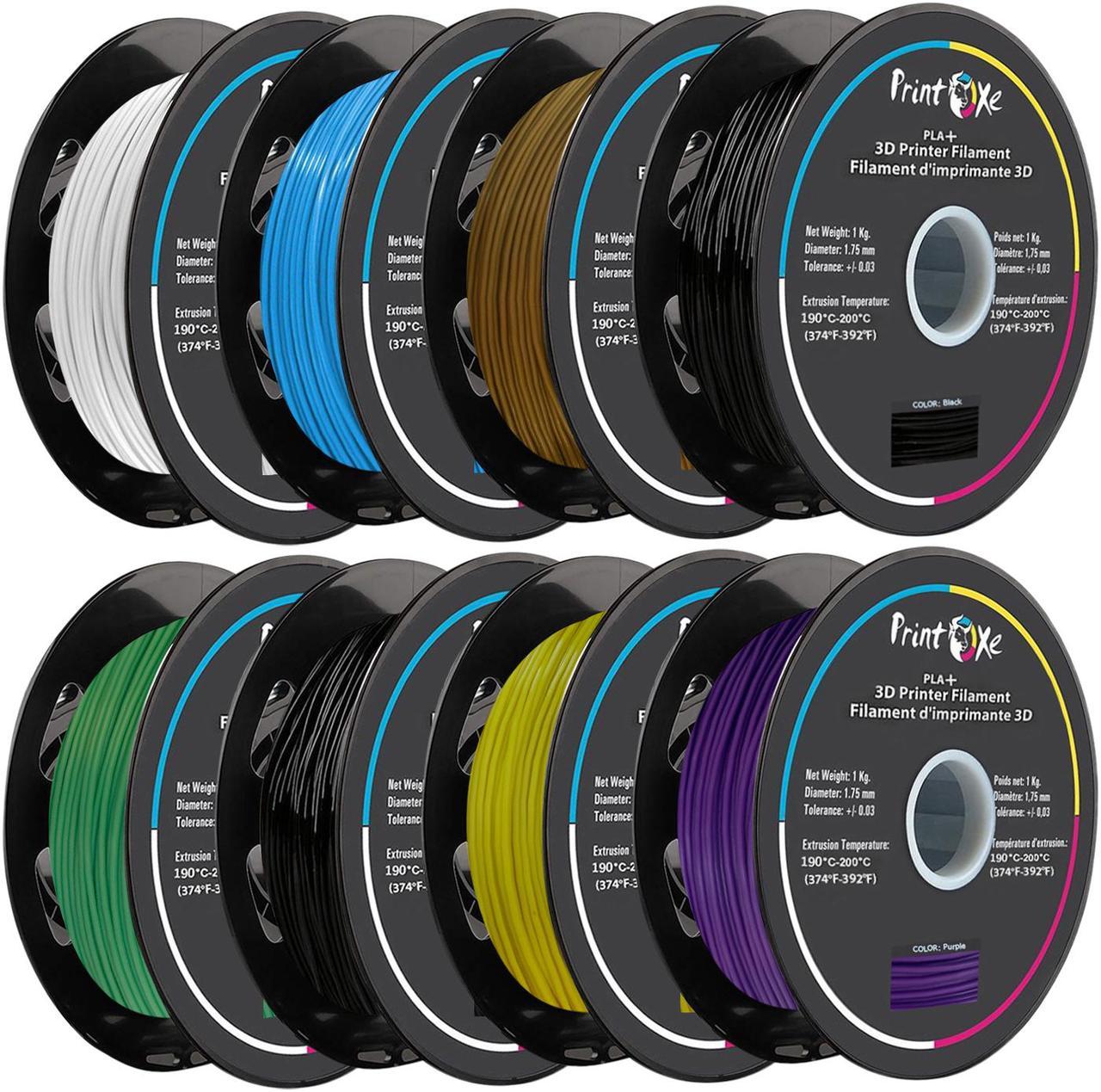 3D PLA+ / Pro PLA 8 Packs of 2 Black & 1 of White / Light Blue / Bronze / Green / Fluorescent Yellow / Purple Colour Filament for 3D Printers - 1.75 mm  - 1 Kg Net on Spool (2.2 LBs) Each