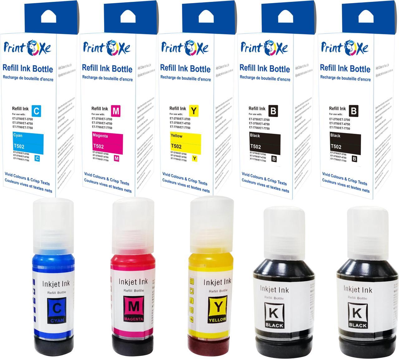 PrintOxe® T502 Compatible Ink Refill 5 Bottles of Set plus Black 502 ; T502120 (Pigment) T502220 T502320 T502420 For Epson EcoTank Expression