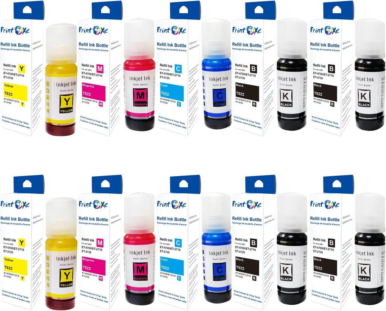 T522 Compatible Ink Refill Bottles 2 Sets plus 2 Black 522 of 10 Bottles; 4 Black T522120 | 2 Cyan T522220 | 2 Magenta T522320 | 2 Yellow T522420 for ET 1110 / 2710 / 2720 / 4700