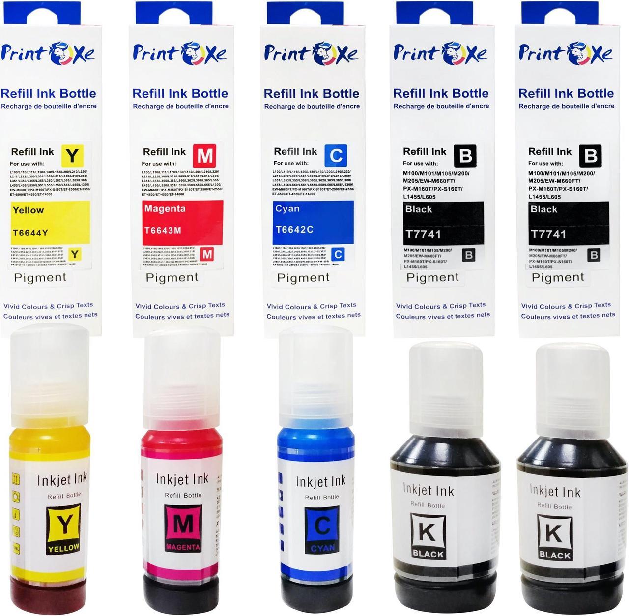 PrintOxe® T774 T664 Compatible Refill Set plus Black of 5 Ink Bottles ALL PIGMENT T7741  T6642 T6643 T6644 High Yield for Expression & WorkForce Epson EcoTank Expression & WorkForce