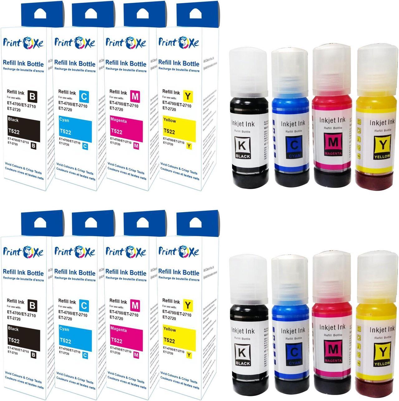 T522 Compatible Ink Refill Bottles 2 Sets 522 of 8 Bottles; 2 Black T522120 | 2 Cyan T522220 | 2 Magenta T522320 | 2 Yellow T522420 for Epson EcoTank Printers ET 1110 / 2710 / 2720 / 4700