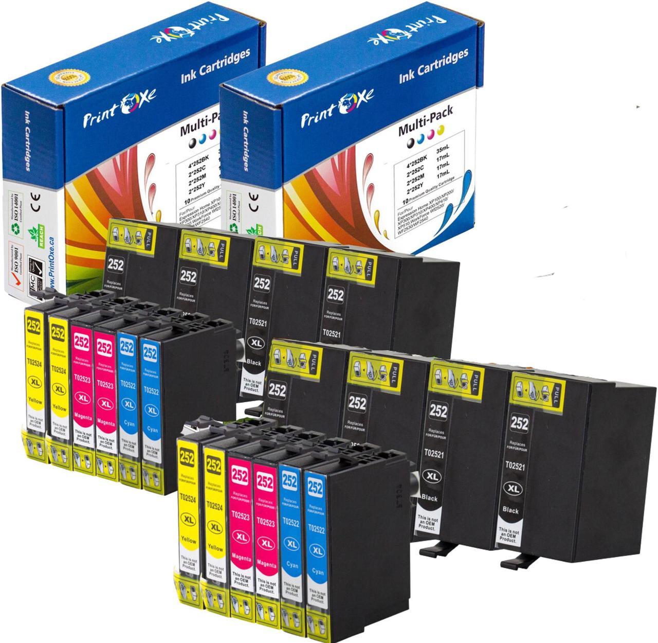 20 Ink Cartridges 252XL / T252 High Yield; 8 Black T2521, 4 Cyan T2522 , 4 Magenta T2523 & 4 Yellow T2524 (4 Sets + 4 Black) for use in Epson WorkForce WF-3620 , WF-3640 , WF-7610 , WF-7620 Printers