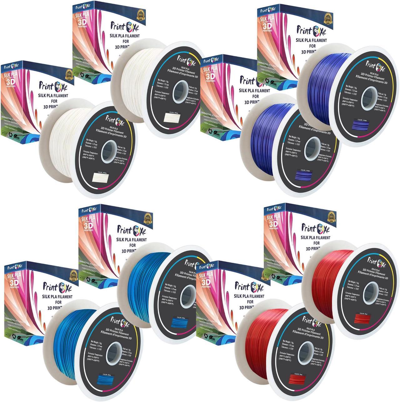 3D PLA like SILK Filament 8 Packs 2 White , 2 Purple , 2 Red & 2 Blue Colours 1.75 mm Diameter Each Weight 1 Kg Net (Semi Shiny) Total Net Material 8 Kg. PRINTOXE Brand