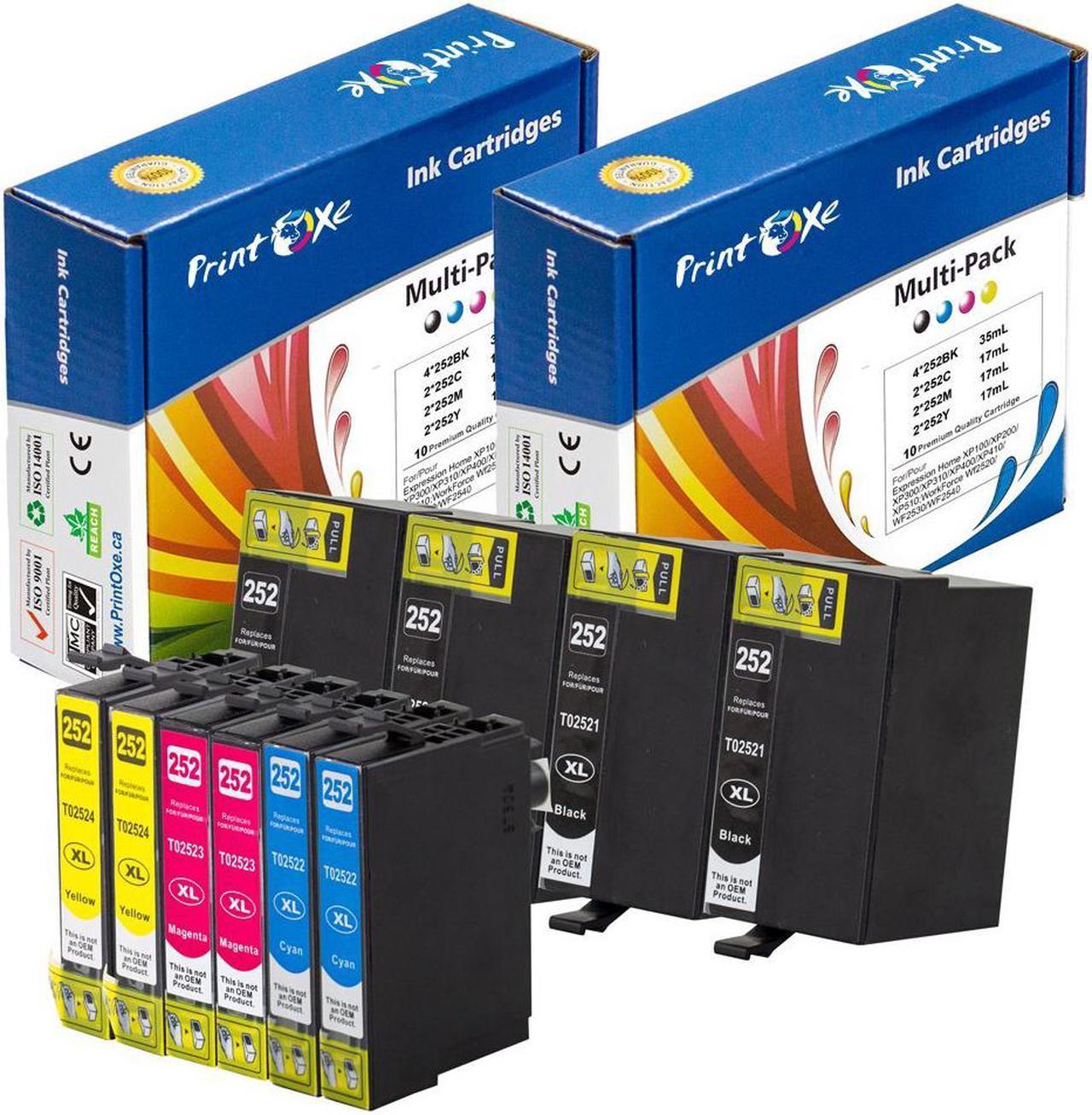 10 Ink Cartridges 252XL / T252 High Yield; 4 Black T2521, 2 Cyan T2522 , 2 MagentaT2523, 2 Yellow T2524 (2 Sets + 2 Black) for use in Epson WorkForce WF-3620 , WF-3640 , WF-7610 , WF-7620 Printers