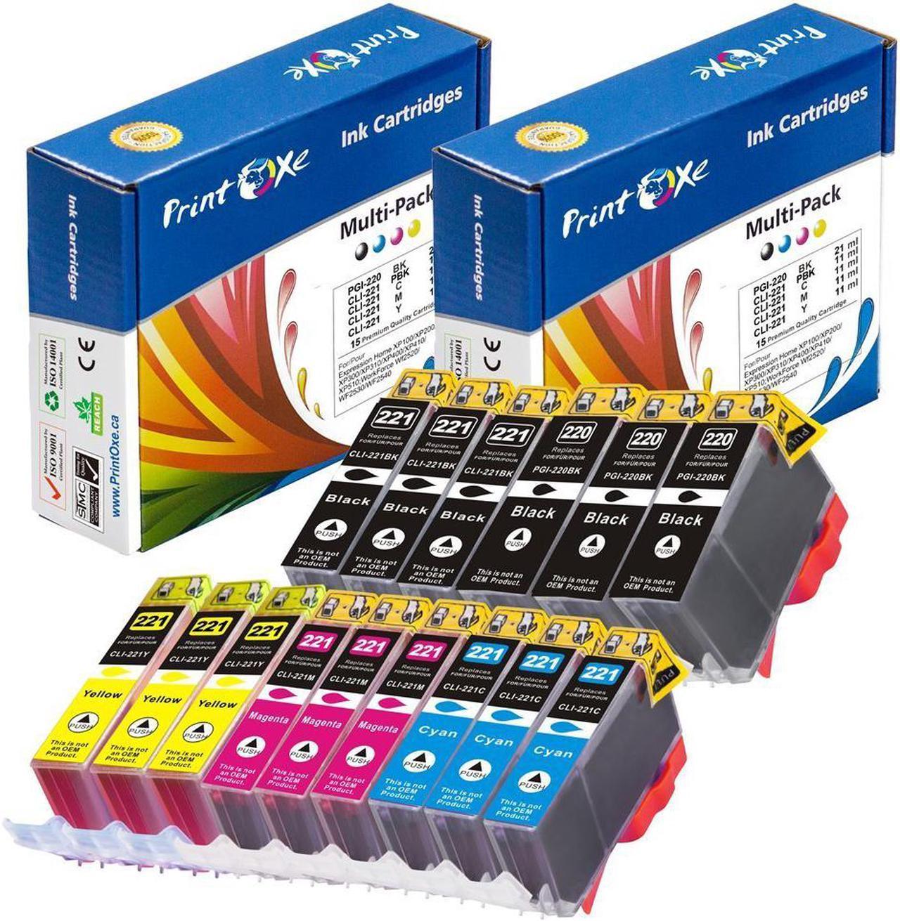 PGI-220 & CLI-221 Compatible 15 Ink Cartridges for  3 Large BK, 3 Photo BK, 3 Magenta, 3 Cyan, 3 Yellow  for PIXMA Printers