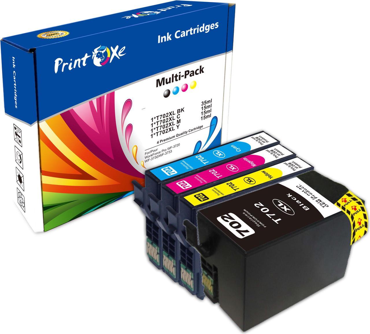 T702XL Set for of 4 Ink Cartridges High Yield of EPSON T702 High Yield | Black, Cyan, Magenta, Yellow | 702 for Workforce Pro WF-3720, WF-3730, WF-3733