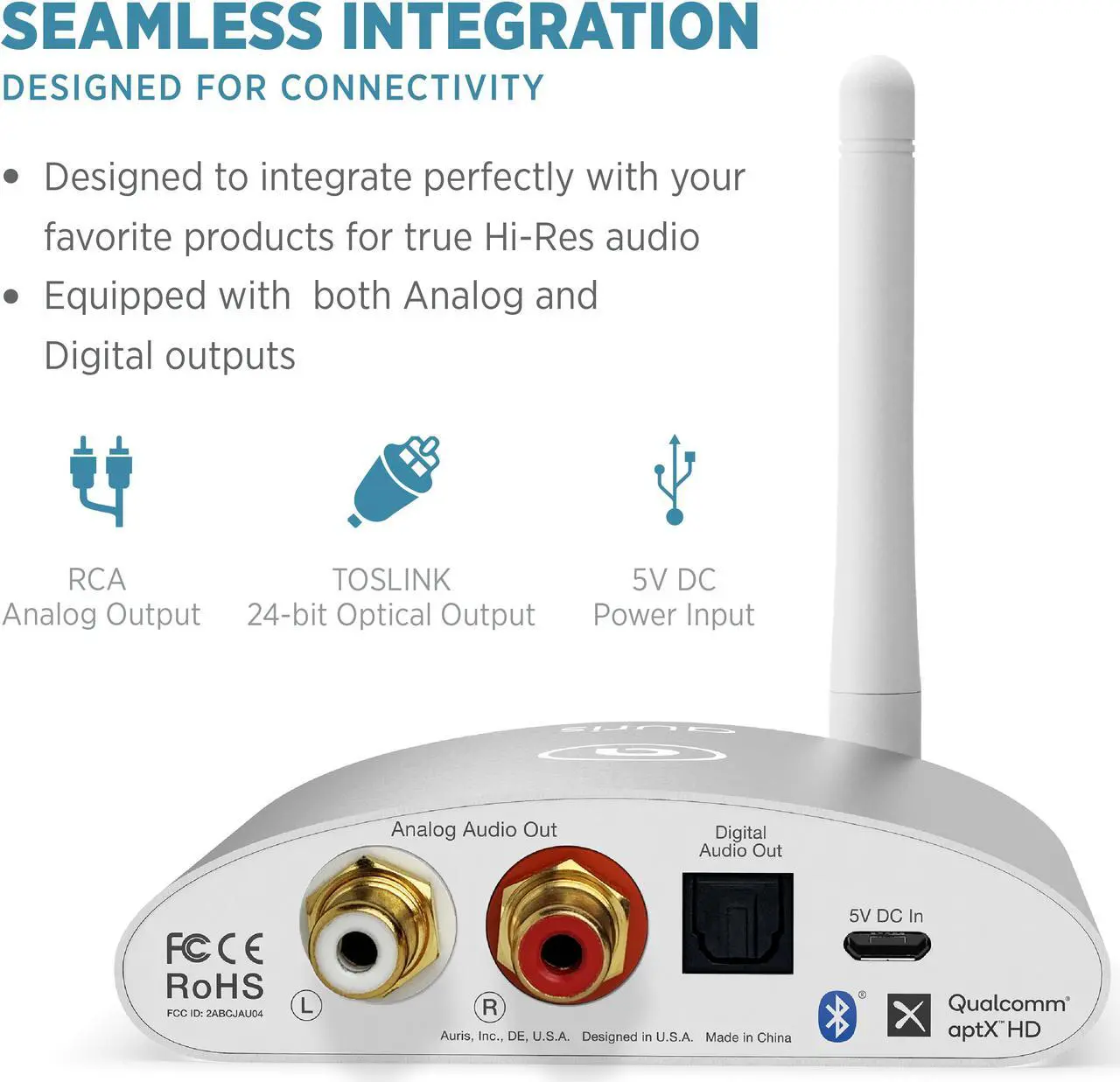 Alt view image 5 of 9 - auris blume hd long range bluetooth 5.0 music receiver hi-fi wireless audio adapter with audiophile dac & aptx hd for streaming