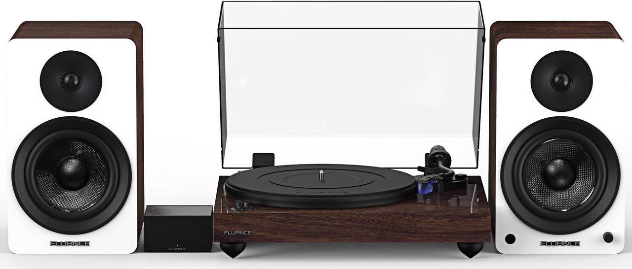 Fluance Reference RT84 HiFi Vinyl Turntable (Natural Walnut), PA10 Phono Preamp, Ai61 Powered 6.5" Bookshelf Speakers (White Walnut), Ortofon 2M Blue Cartridge, 120W Class D Amplifier, Bluetooth