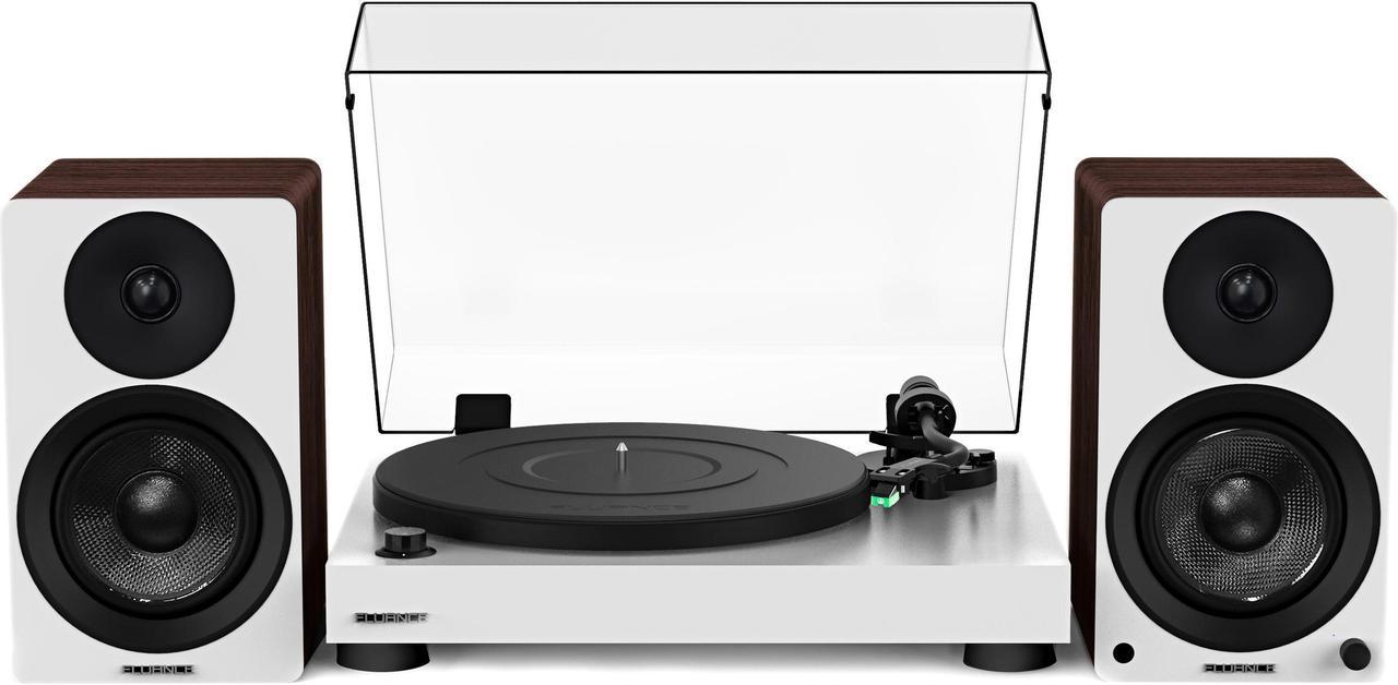 Fluance RT81 Elite High Fidelity Vinyl Turntable (White) with Ai41 Powered 5" Stereo Bookshelf Speakers (White Walnut), Diamond Stylus, Belt Drive, Built-in Preamp, 90W Class D Amplifier, Bluetooth