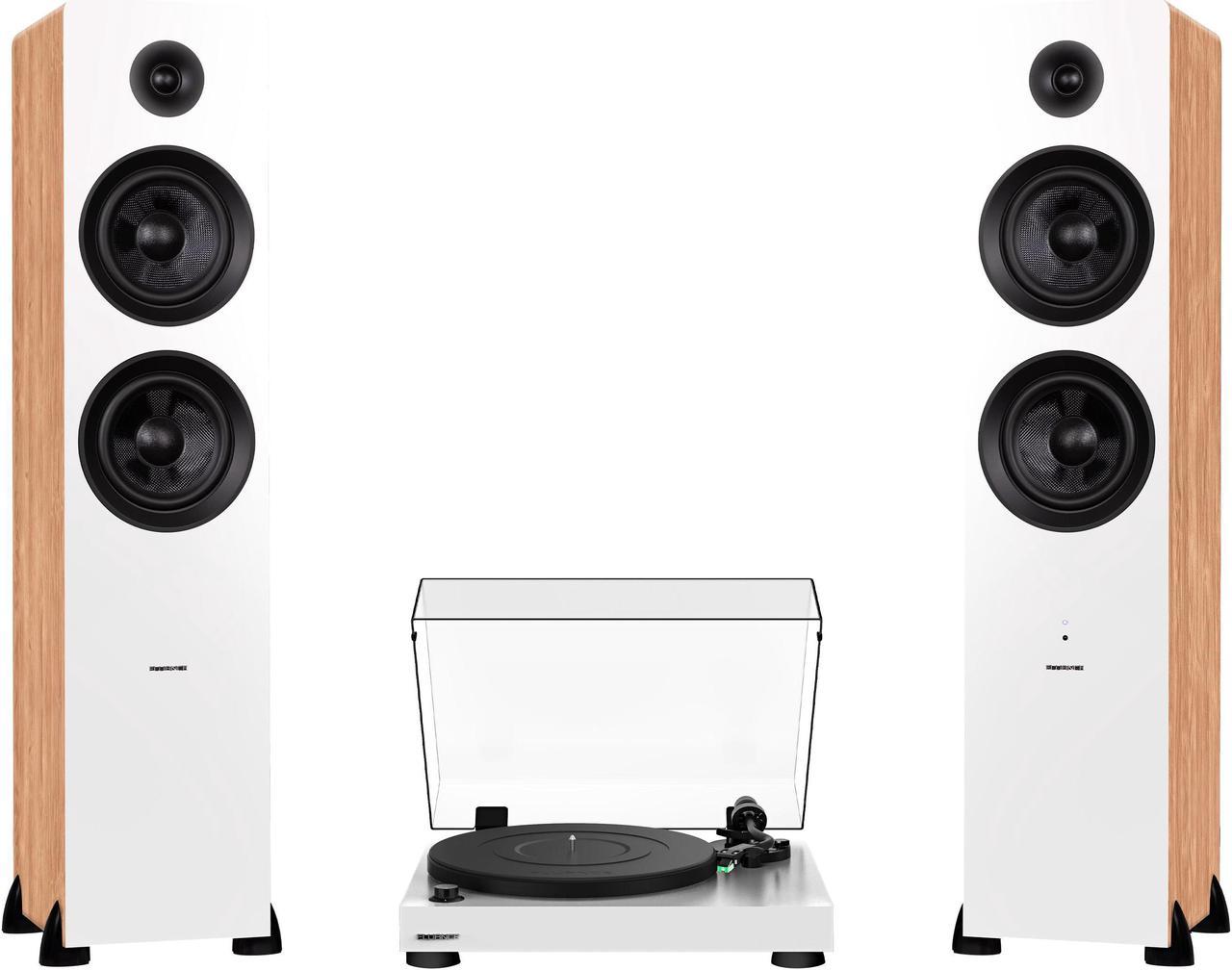 Fluance RT81 Elite High Fidelity Vinyl Turntable (White) with Ai81 Powered 2-Way Floorstanding Speakers (Bamboo), Diamond Stylus, Belt Drive, Built-in Preamp, 150W Class D Amplifier, Bluetooth