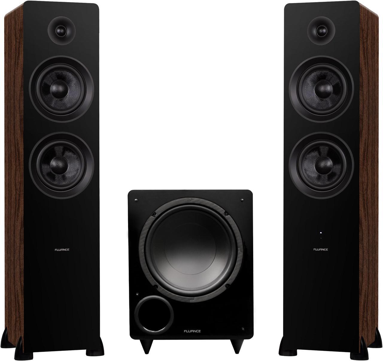 Fluance Ai81 Powered Floorstanding Tower Speakers and DB10 10" Low Frequency Ported Front Firing Powered Subwoofer with 15 Feet RCA Ultimate Performance Collection Subwoofer Cable (Natural Walnut)