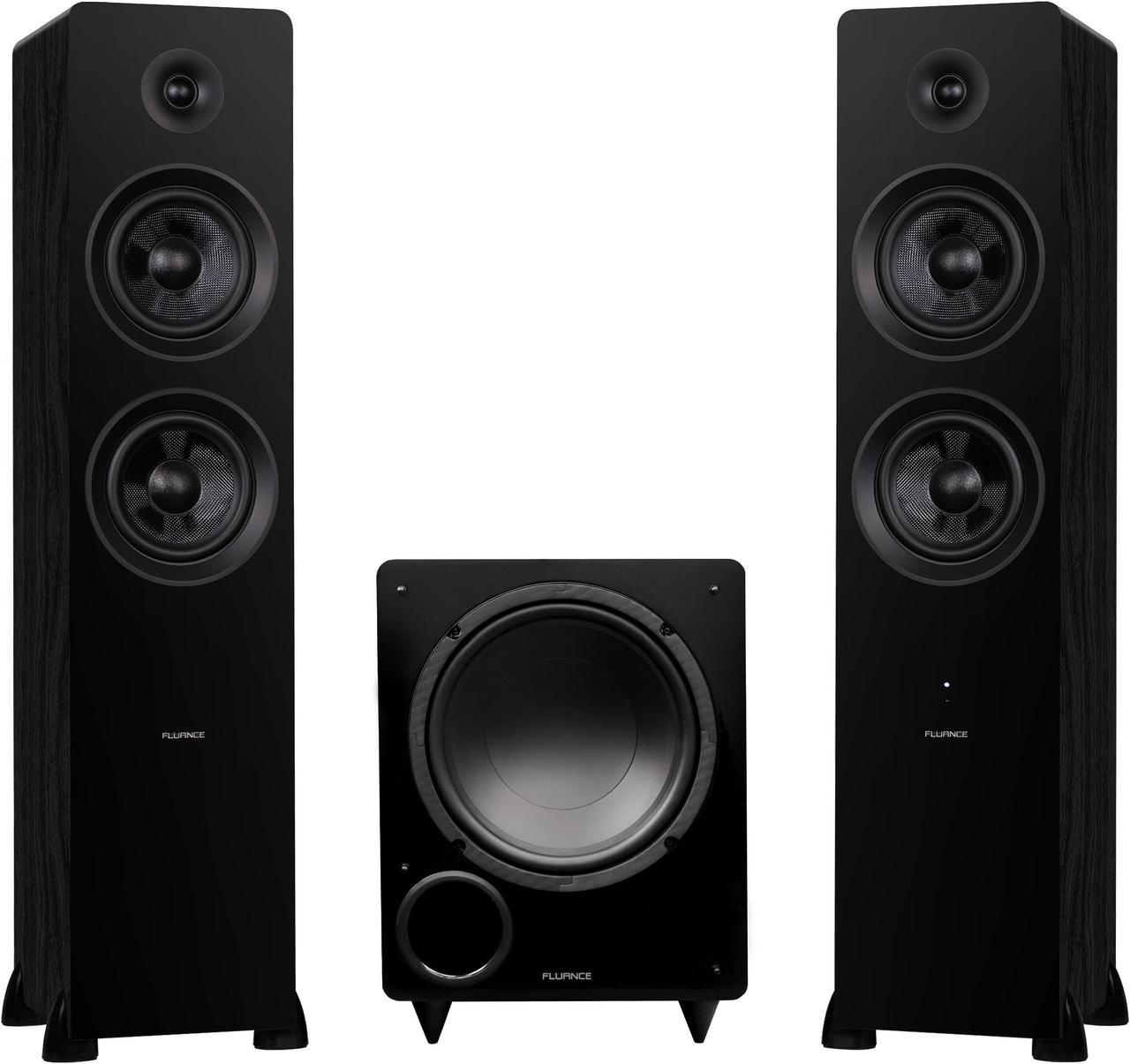 Fluance Ai81 Powered Floorstanding Tower Speakers and DB10 10" Low Frequency Ported Front Firing Powered Subwoofer with 15 Feet RCA Ultimate Performance Collection Subwoofer Cable (Black Ash)