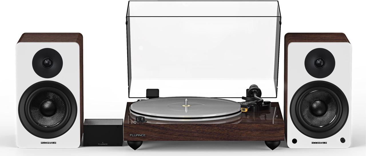 Fluance Reference RT85N High Fidelity Vinyl Turntable (Natural Walnut), PA10 Phono Preamp, Ai41 Powered 5" Bookshelf Speakers (White Walnut), Nagaoka MP-110 cartridge, 90W Class D Amplifier, Bluetooth