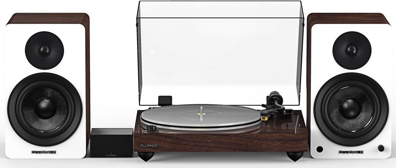 Fluance Reference RT85N HiFi Vinyl Turntable (Natural Walnut), PA10 Phono Preamp, Ai61 Powered 6.5" Bookshelf Speakers (White Walnut), Nagaoka MP-110 cartridge, 120W Class D Amplifier, Bluetooth