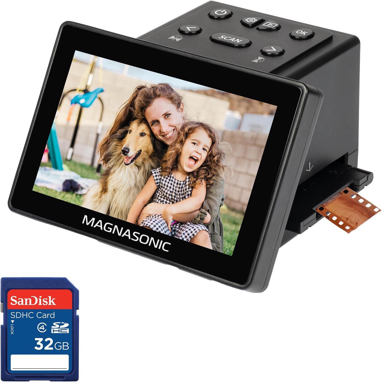 Magnasonic 25MP Film Scanner with Large 5" Display & HDMI and 32GB SanDisk SD Card, Converts 35mm/126/110/Super 8 Film & 135/126/110 Slides into Digital Photos, Built-in Memory