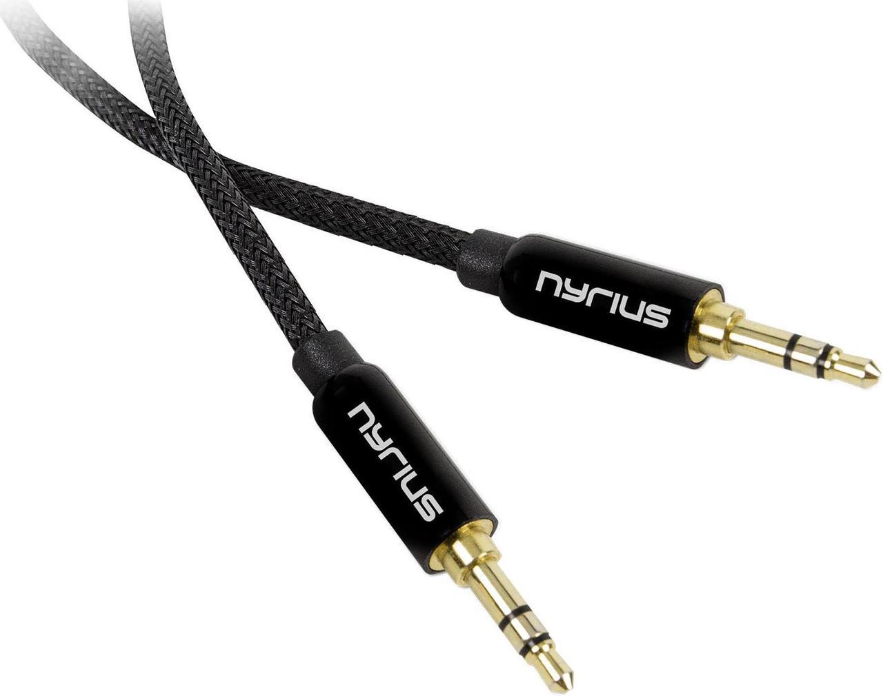 Nyrius Premium Grade 3.5mm Auxiliary Audio Cable (3 Feet) with Tangle Free Braided Protective Shielding & Gold Plated Step Down Connector for Smartphones, Tablets, Home Stereo, Car Audio (AC03).