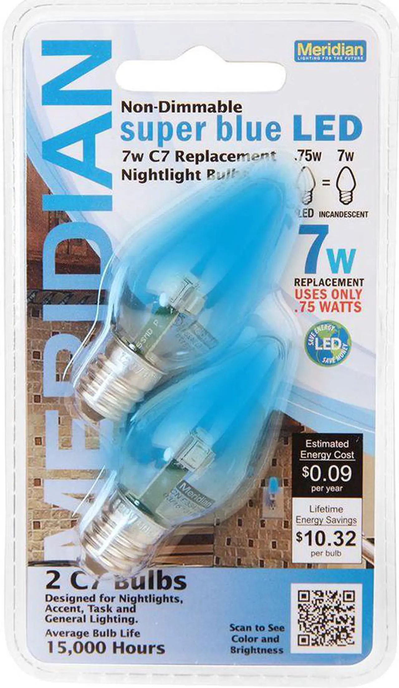 Main image of Meridian LED 7W Equivalent Super Blue Clear-C7 Non-Dimmable LED Replacement Light Bulb (2-Pack)