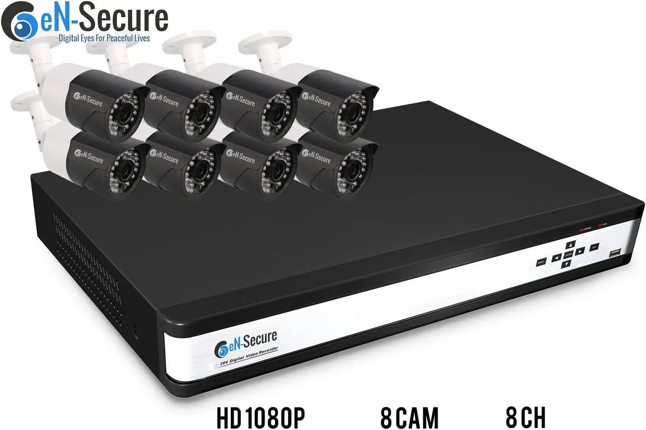 Main image of eN-Secure 8 Channel NVR PoE IP Security Surveillance System, 8 Bullet 2MP Full HD Night Vision Indoor/Outdoor 1080p Cameras, No HDD, Smart Phone Compatible