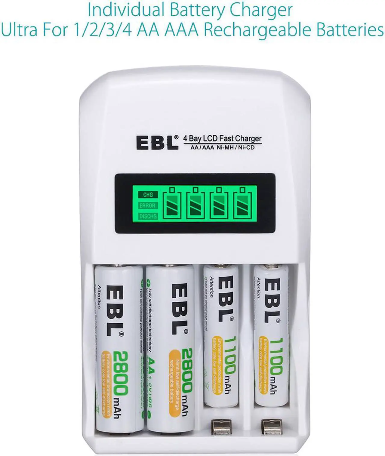 Alt view image 4 of 7 - EBL 12pcs 1100mAh AAA Battery + Smart LCD Battery Charger for AA AAA Ni-MH Ni-CD Rechargeable Batteries
