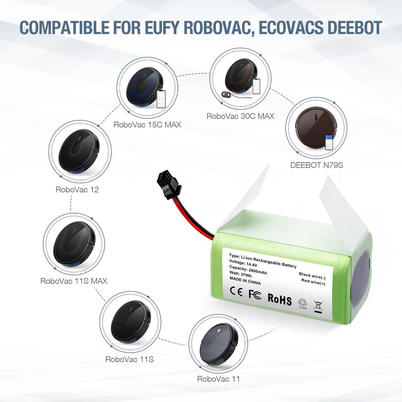 Alt view image 4 of 7 - 14.4v 2800mAh Li-ion Rechargeable Replacement Battery for Ecovacs Deebot N79S, DN622, Eufy RoboVac 11, 11S,11S MAX, 30, 15C, 15T, 12, 35C - Upgraded