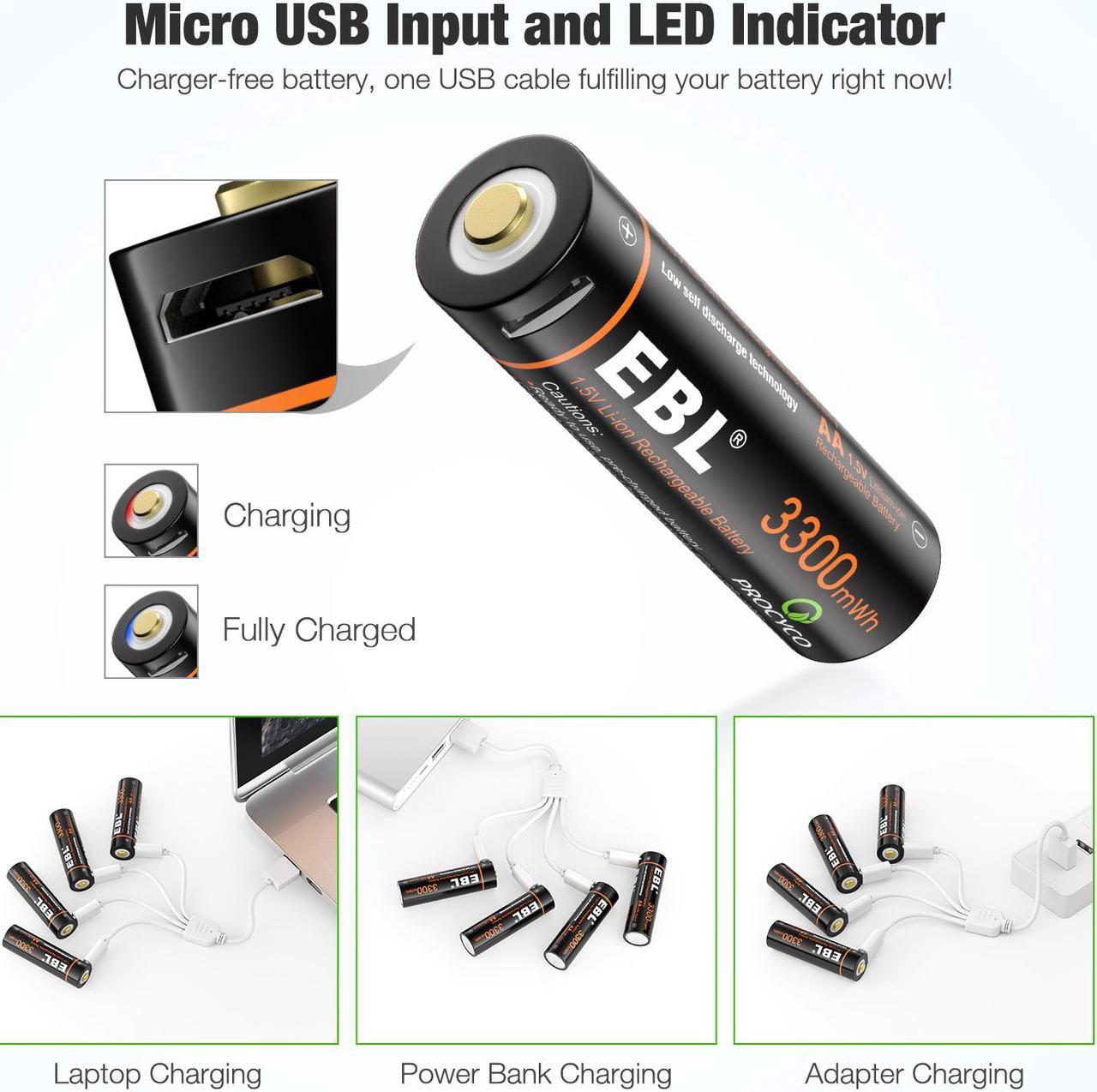 Alt view image 4 of 7 - EBL 8 Pack 3300mWh 1.5V USB Lithium Rechargeable Batteries AA Li-Ion Battery with Micro USB Cable