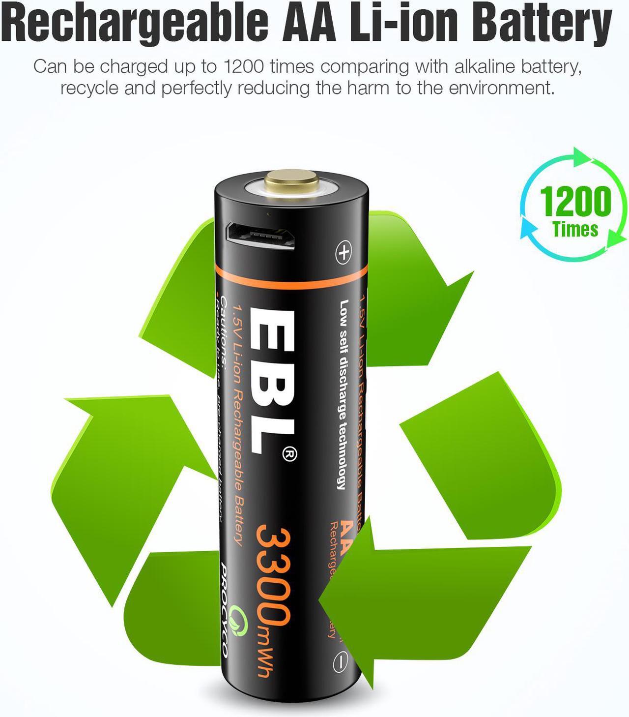 Alt view image 2 of 7 - EBL 8 Pack 3300mWh 1.5V USB Lithium Rechargeable Batteries AA Li-Ion Battery with Micro USB Cable