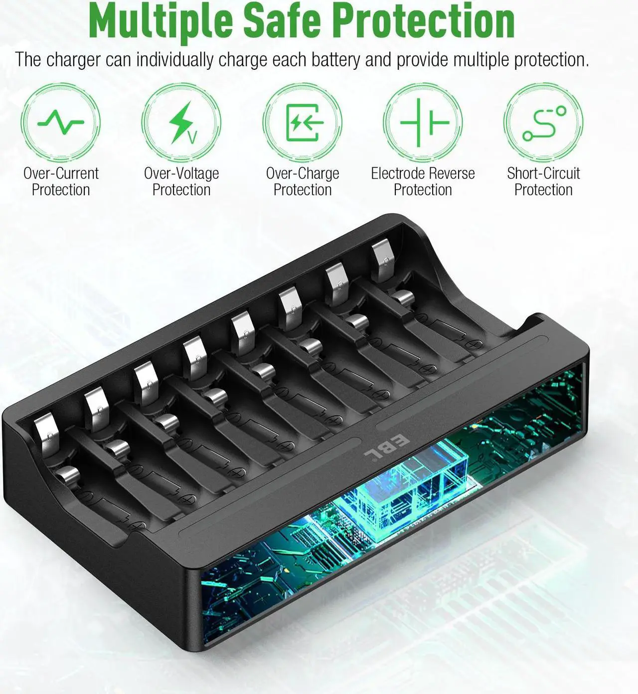 Alt view image 4 of 7 - EBL 8Pcs Lithium-Ion Rechargeable AA Batteries with 8 Slots Smart Battery Charger