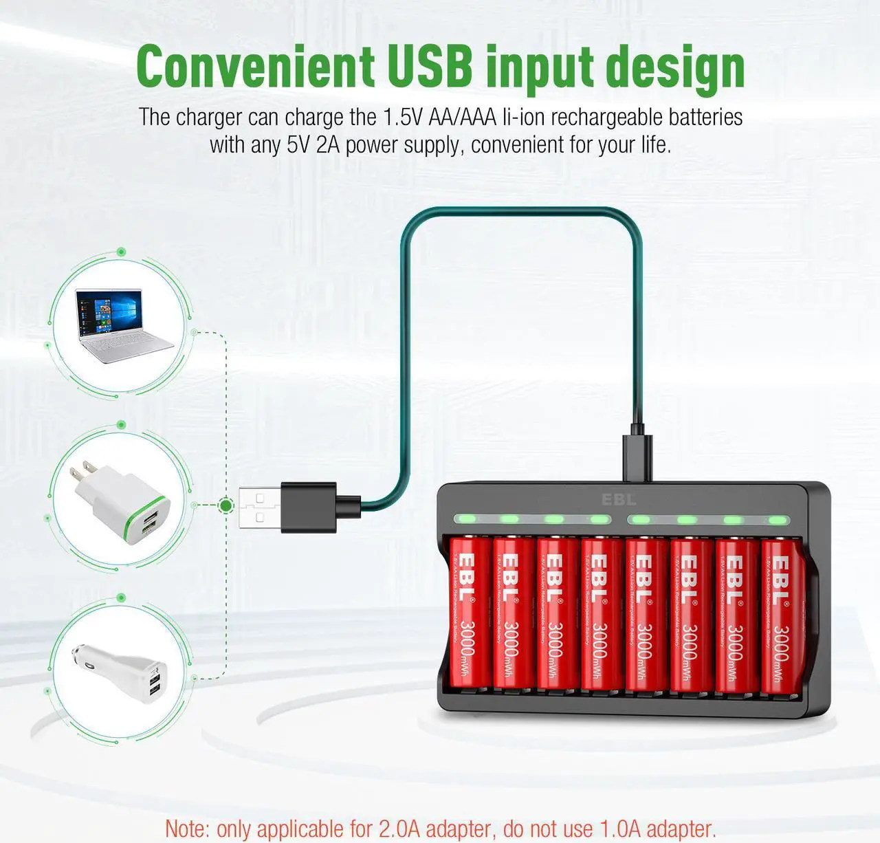 Alt view image 6 of 7 - EBL 8Pcs Lithium-Ion Rechargeable AA Batteries with 8 Slots Smart Battery Charger