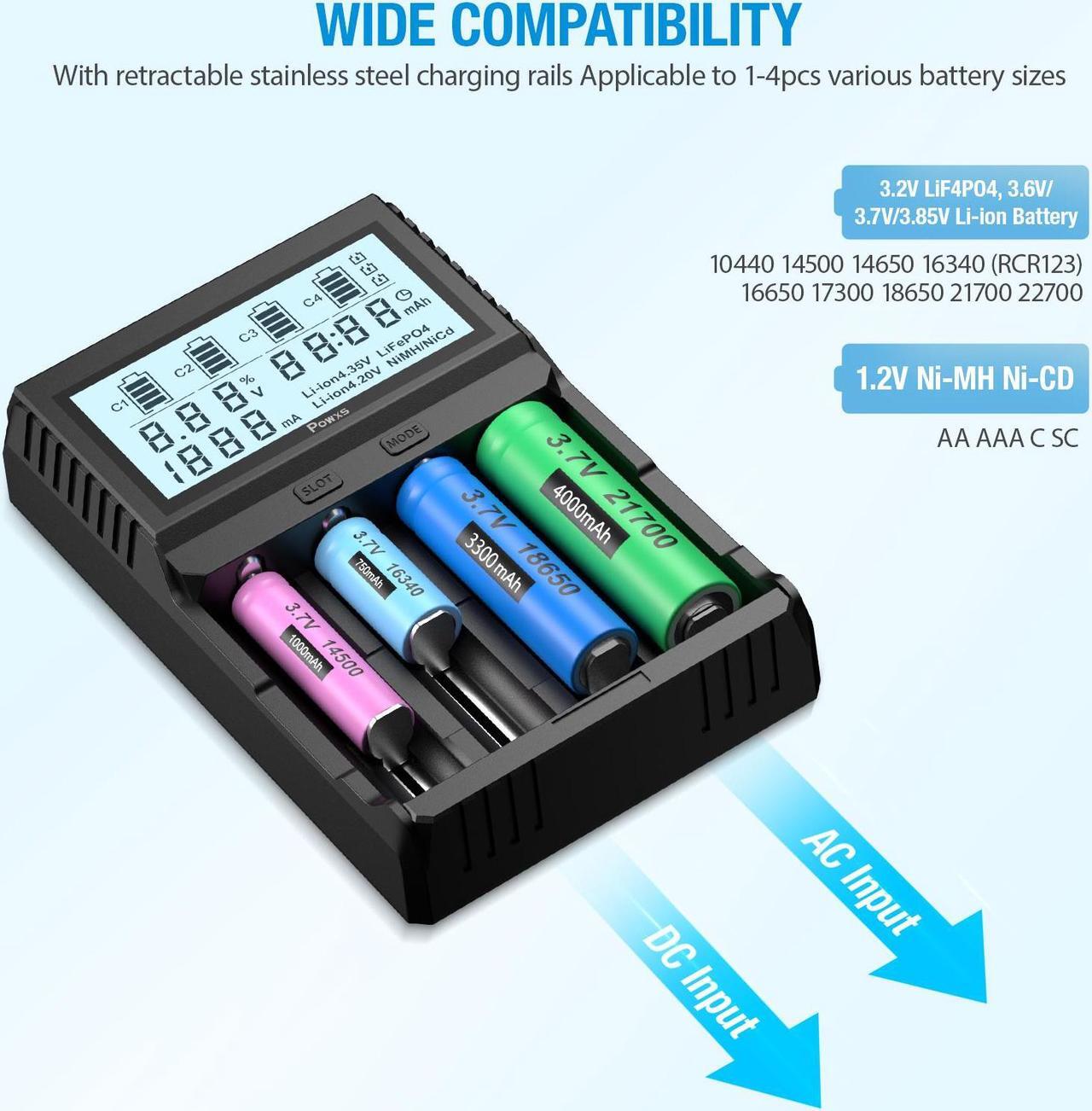 Alt view image 5 of 7 - Battery Charger with Testing Functions, POWXS Universal 3.7V Charger for Li-Ion Rechargeable Batteries IMR Lithium 26650 21700 16340 14500 10440, Ni-Mh/Ni-Cd AA AAA C Batteries
