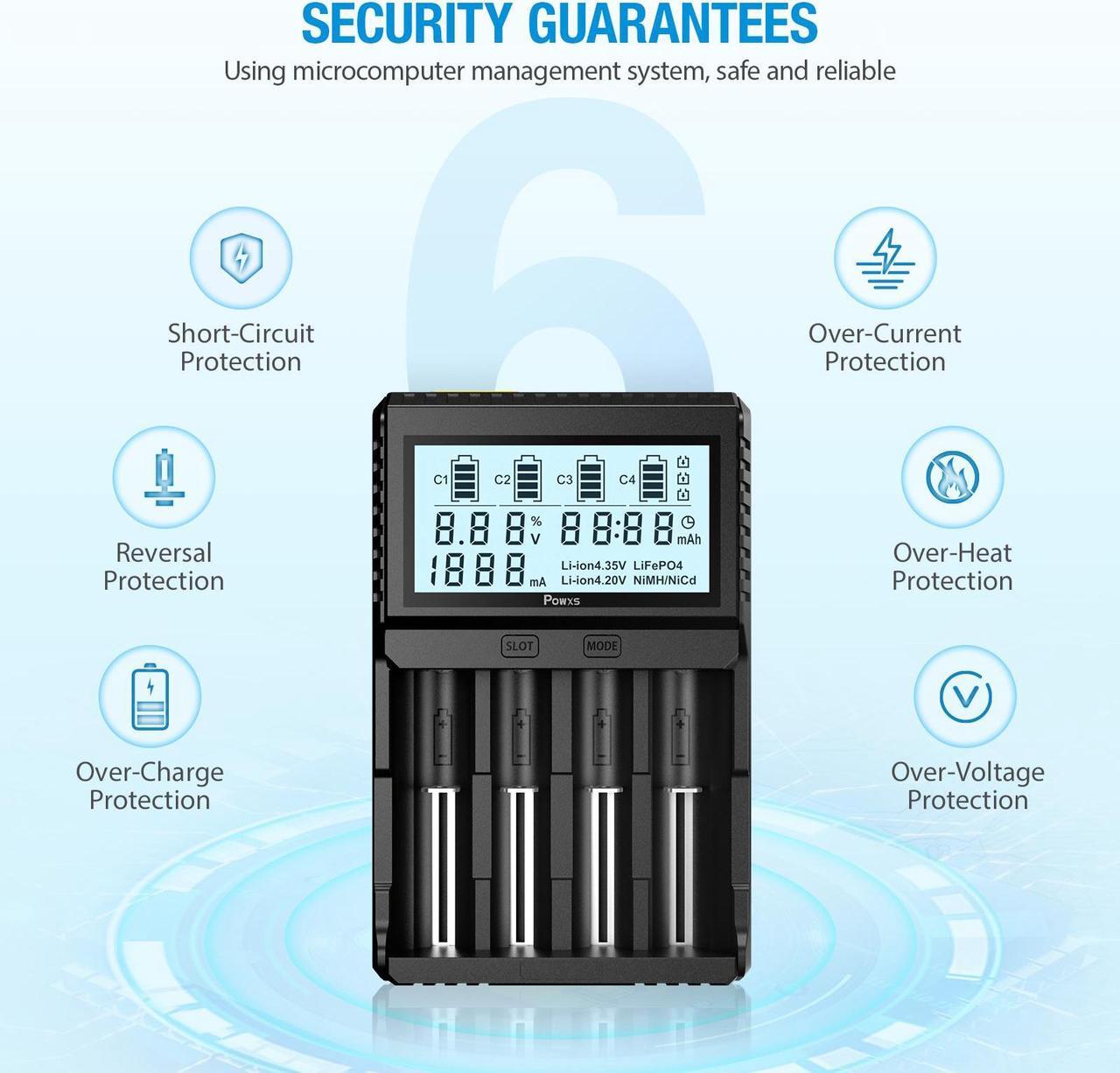 Alt view image 6 of 7 - Battery Charger with Testing Functions, POWXS Universal 3.7V Charger for Li-Ion Rechargeable Batteries IMR Lithium 26650 21700 16340 14500 10440, Ni-Mh/Ni-Cd AA AAA C Batteries