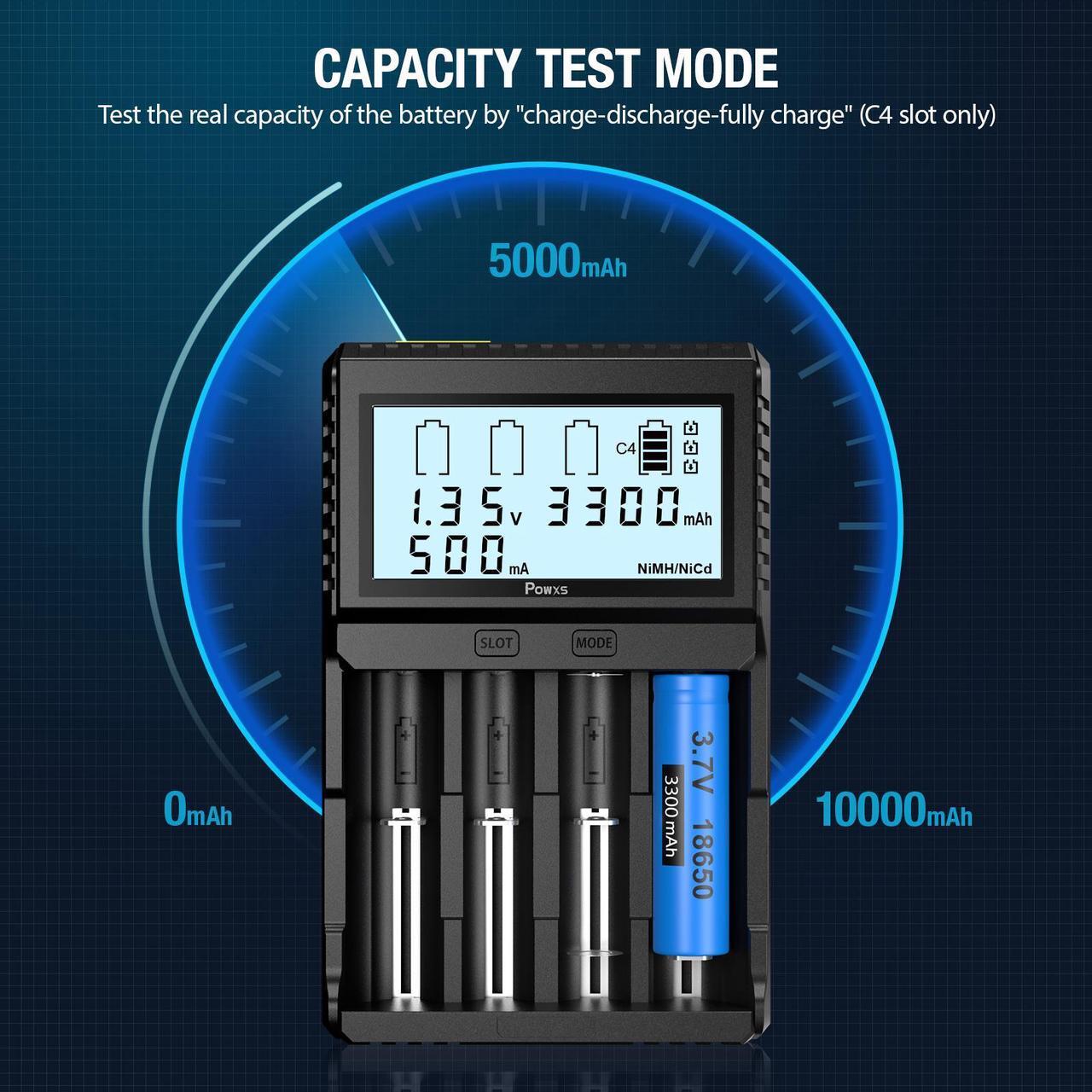 Alt view image 4 of 7 - Battery Charger with Testing Functions, POWXS Universal 3.7V Charger for Li-Ion Rechargeable Batteries IMR Lithium 26650 21700 16340 14500 10440, Ni-Mh/Ni-Cd AA AAA C Batteries