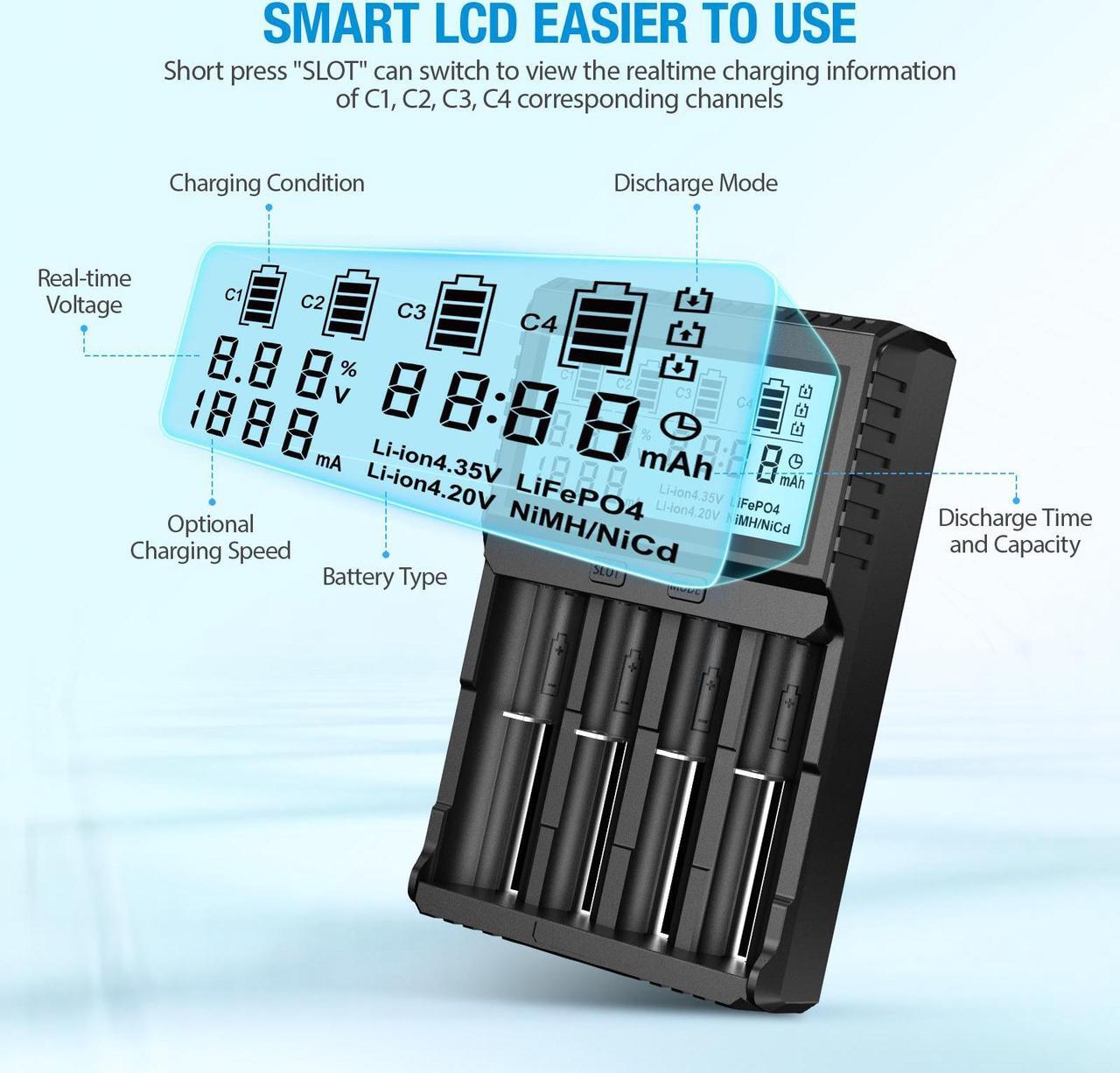 Alt view image 2 of 7 - Battery Charger with Testing Functions, POWXS Universal 3.7V Charger for Li-Ion Rechargeable Batteries IMR Lithium 26650 21700 16340 14500 10440, Ni-Mh/Ni-Cd AA AAA C Batteries