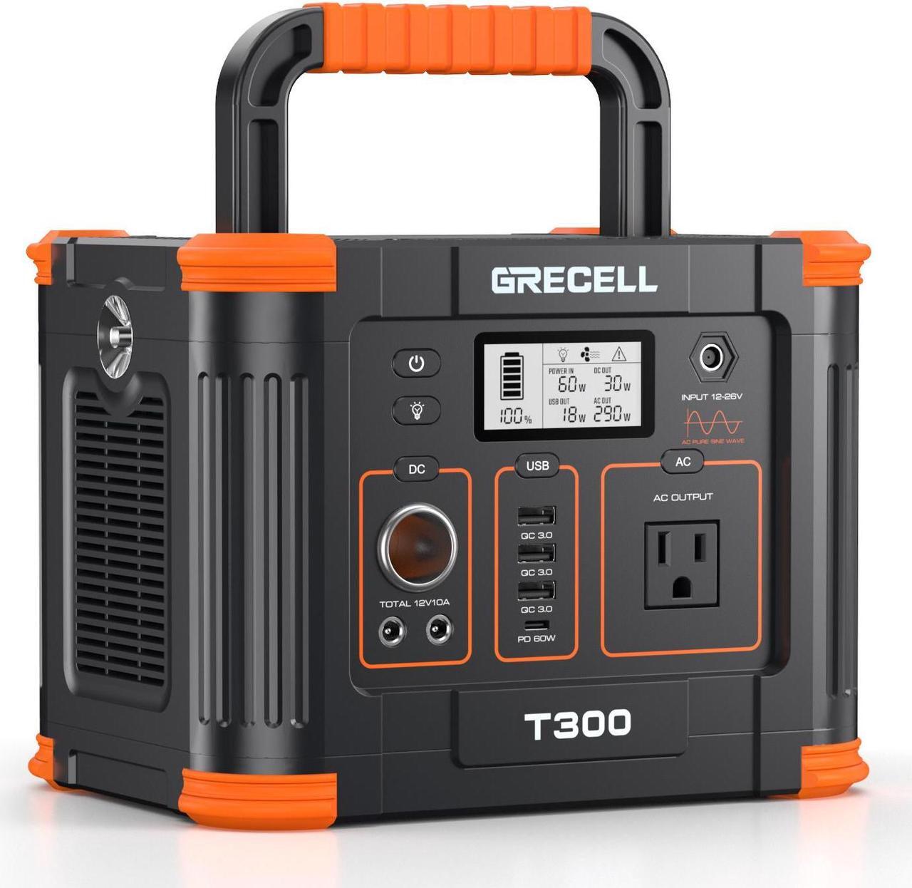 Main image of GRECELL 300W Power Station (Peak 600W) 288Wh Solar Generator with 60W USB-C PD Output 110V AC Outlet Backup Lithium Battery for Outdoors Camping Travel Hunting Home Blackout