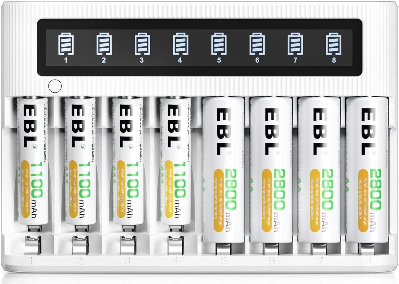 Main image of EBL Smart LCD 8 Bay AA AAA Battery Charger with 4PCS 2800mAh NiMH Rechargeable AA and 4PCS 1100mAh AAA Batteries Combo