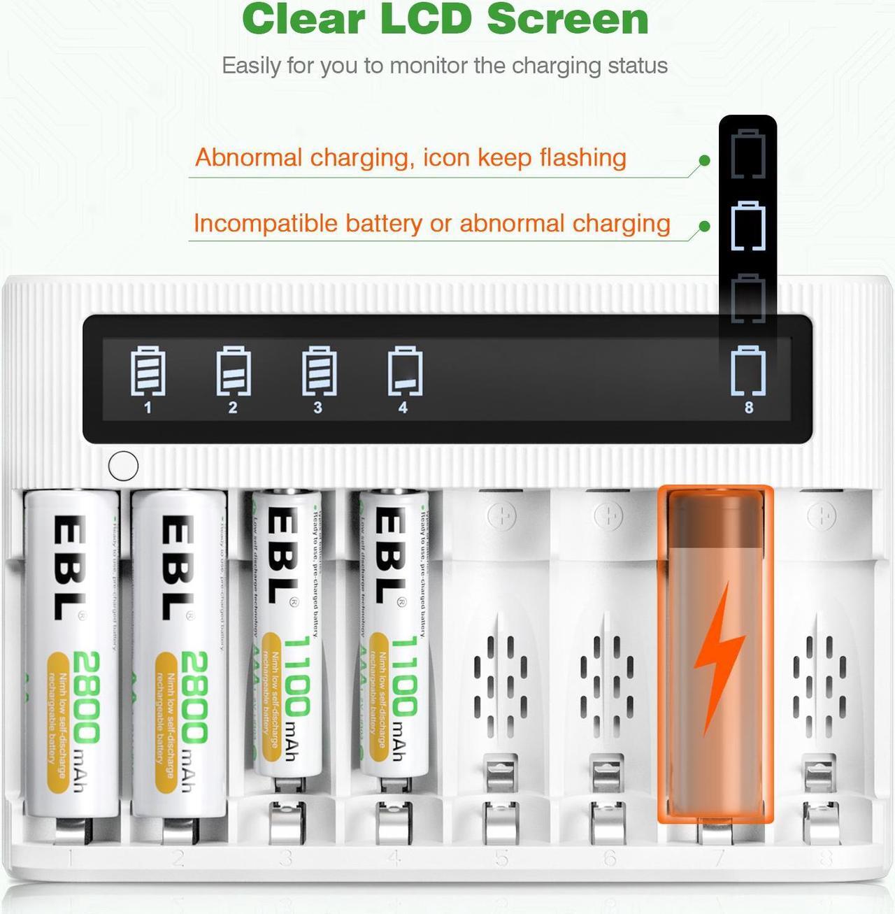 Alt view image 5 of 7 - EBL Smart LCD 8 Bay AA AAA Battery Charger with 4PCS 2800mAh NiMH Rechargeable AA and 4PCS 1100mAh AAA Batteries Combo
