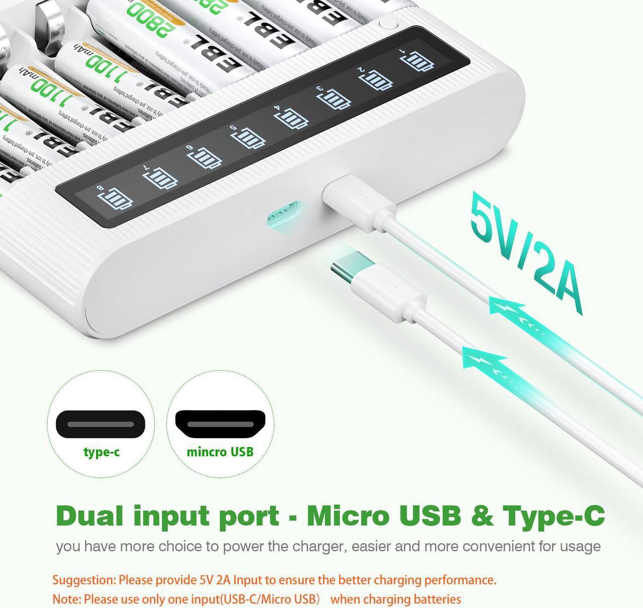 Alt view image 6 of 7 - EBL Smart LCD 8 Bay AA AAA Battery Charger with 4PCS 2800mAh NiMH Rechargeable AA and 4PCS 1100mAh AAA Batteries Combo