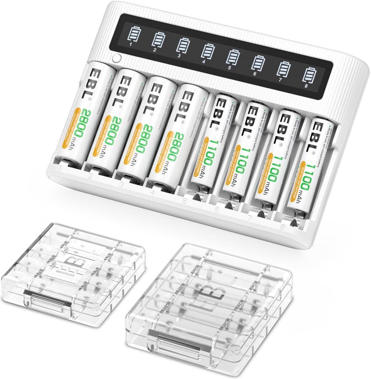 Alt view image 2 of 7 - EBL Smart LCD 8 Bay AA AAA Battery Charger with 4PCS 2800mAh NiMH Rechargeable AA and 4PCS 1100mAh AAA Batteries Combo