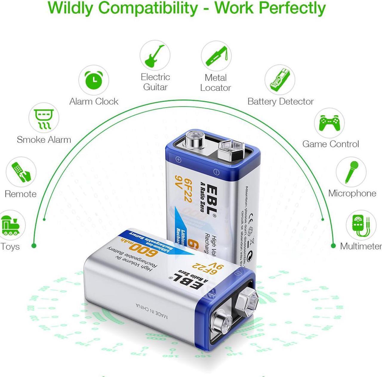 Alt view image 7 of 7 - EBL 9V Rechargeable Batteries 9 Volt Lithium ion 600mAh Li-ion Batteries 4-Pack